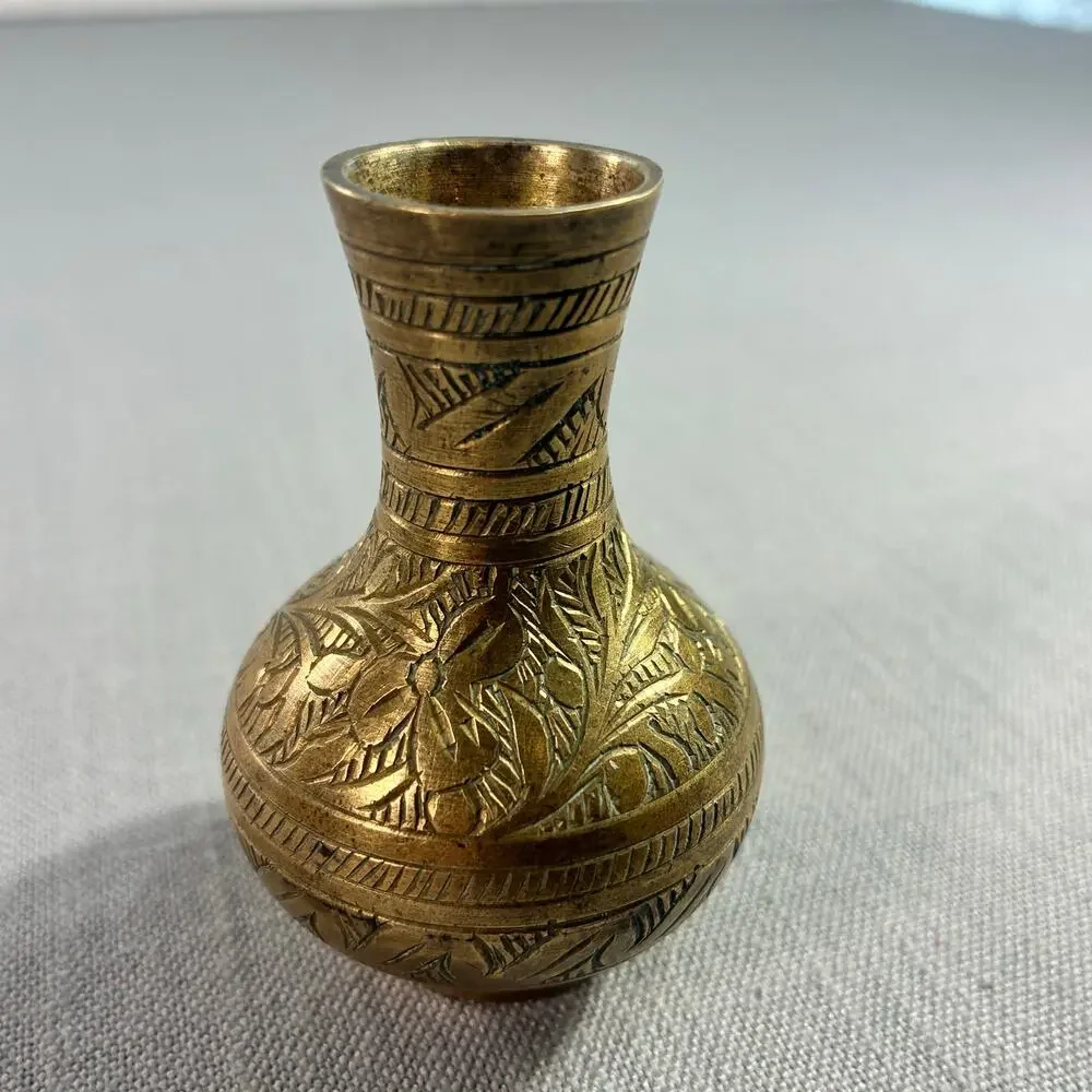 Vintage India Solid Brass Mini Candlestick Holder Hand Etched Floral 3